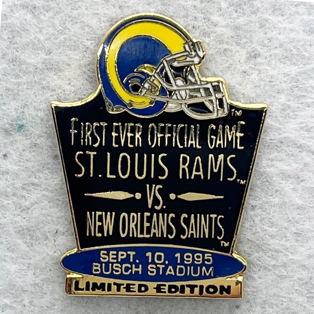 🔮 5/$25 Vintage NFL First Official Game St Lous Rams New Orleans Saints 95 Pin